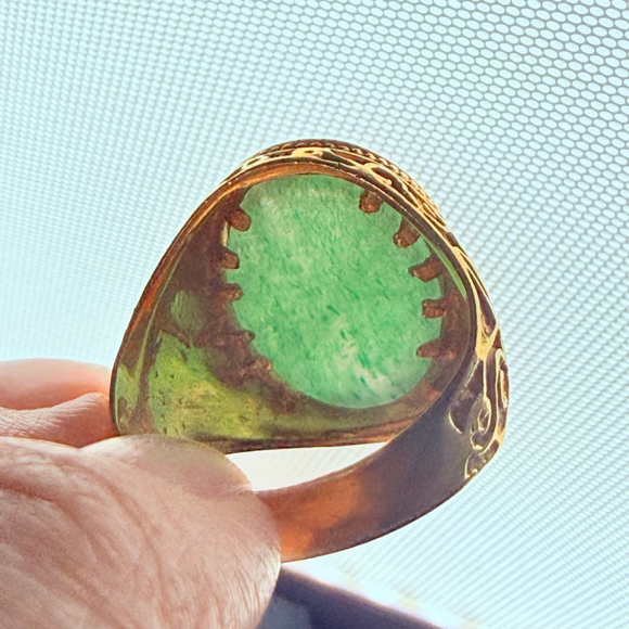 Estate 18K Solid Yellow Gold Mens Natural Jade Signet VTG Antique Scroll Ring - Picture 10 of 12
